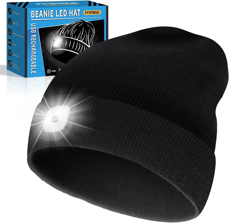 FFIPBGE Christmas Stocking Stuffers for Men Adults, Beanie Hats with Light, USB Rechargeable LED Hand Free Headlamp, Birthday Gifts for Men, Women, and Teens, Ideal for Camping, Hiking, Black - Image 1
